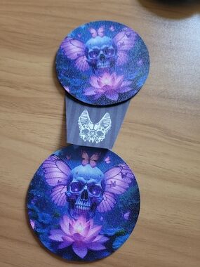 💀NEW💀Hand Crafted Purple Skull & Lotus Car  Coaster Set